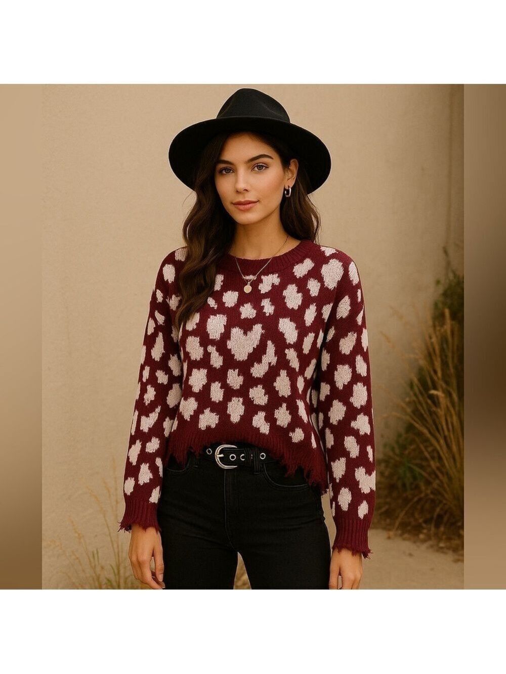 Burgundy Leopard Print Distressed Sweater | Grunge Y2K Cozy Chic | Sz S